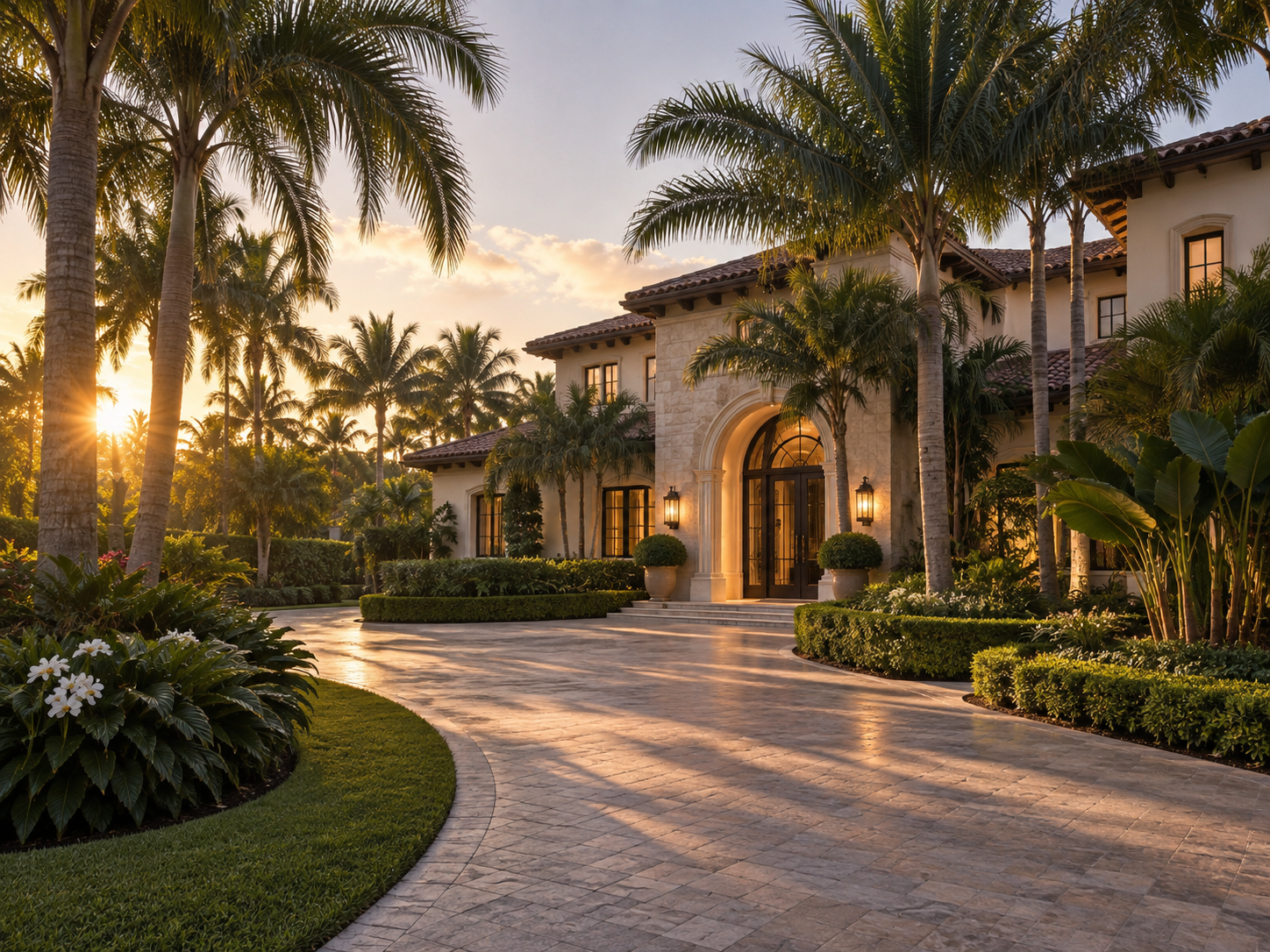 Mediterranean-style estate framed by palms in warm evening light
