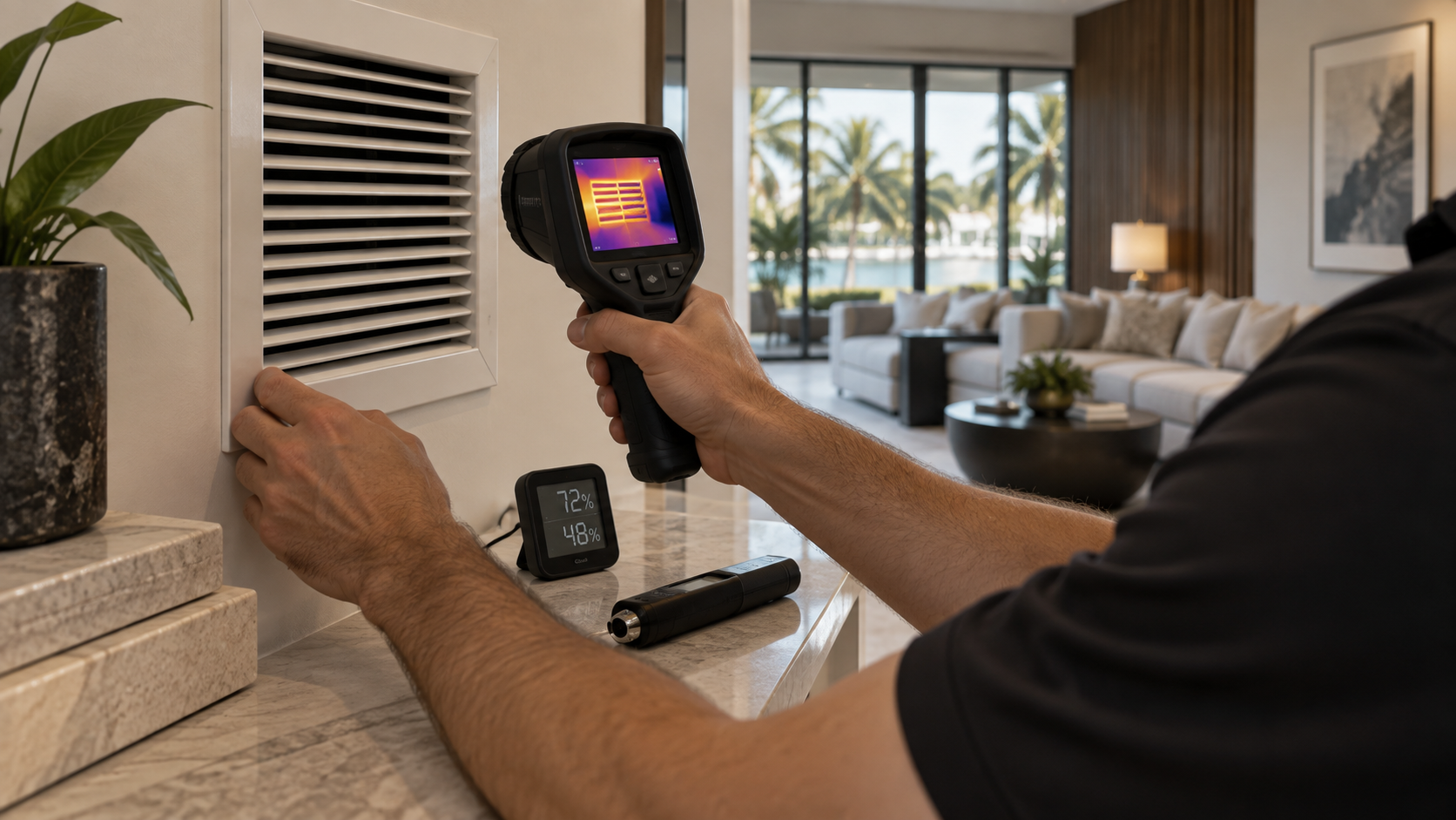 Property professional using thermal imaging and environmental monitoring equipment during a residence inspection